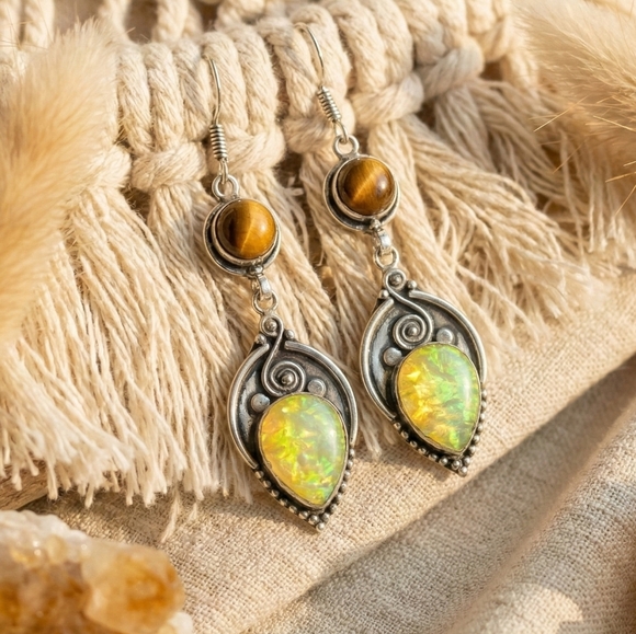 S925 Silver Tiger's Eye Triplet Opal Earrings 2.8" Handcrafted Boho Artisan Drop - Picture 11 of 16